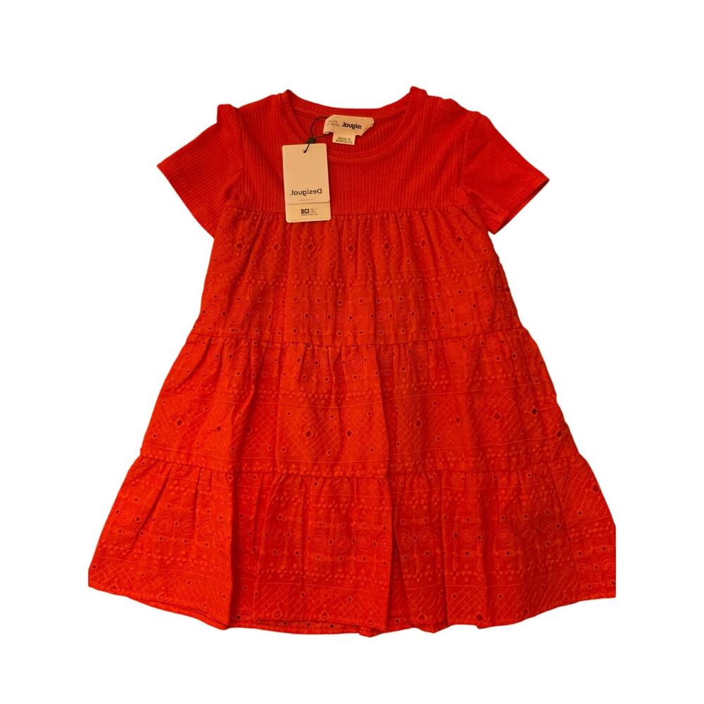 NWT Desigual Girls Fresia Tiered Eyelet Lace Dress Coral Size 5/6 MSRP $115